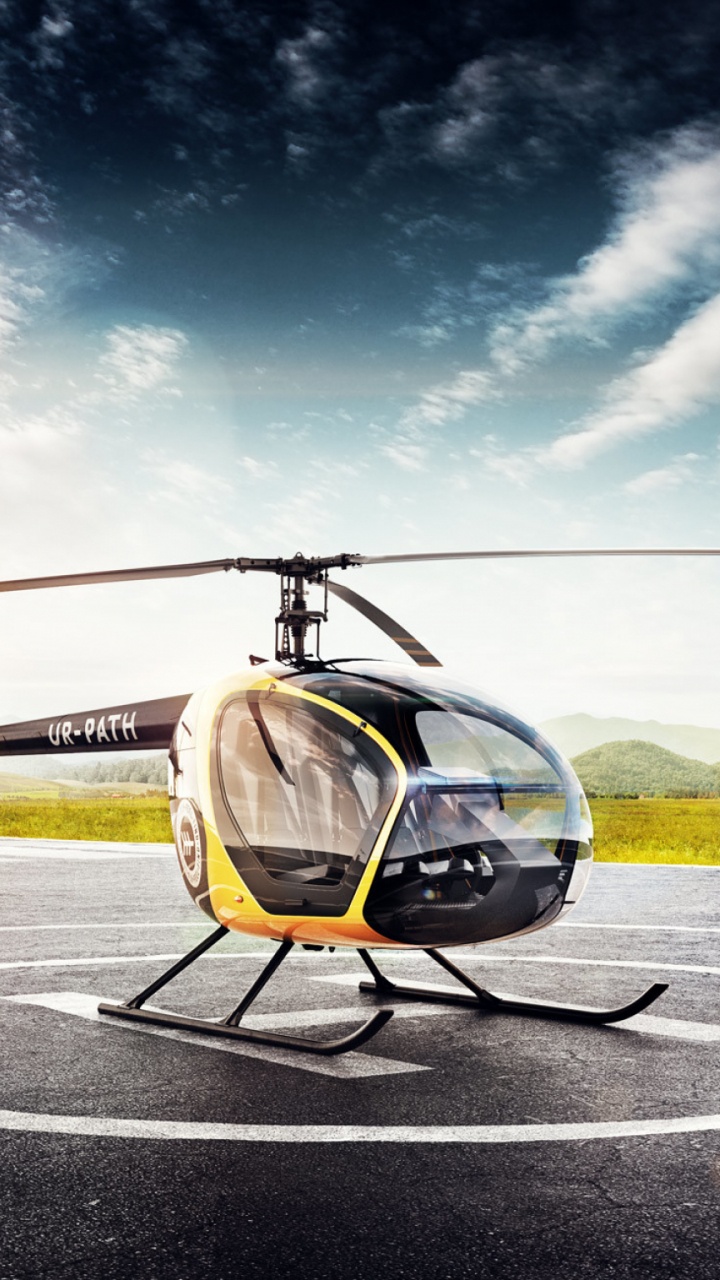 Black and Yellow Helicopter on Gray Concrete Road Under Blue Sky During Daytime. Wallpaper in 720x1280 Resolution