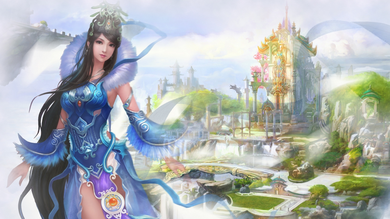 Femme en Robe Bleue Debout Sur un Terrain D'herbe Verte Près D'un Plan D'eau. Wallpaper in 1366x768 Resolution