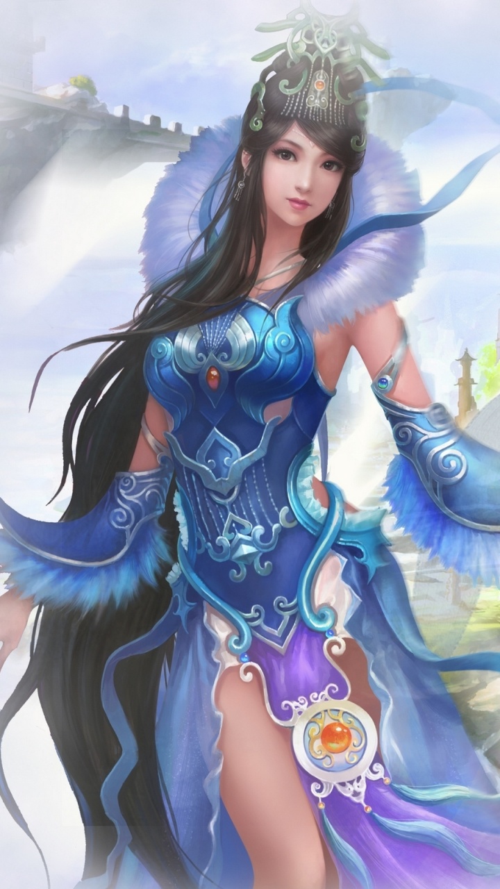 Femme en Robe Bleue Debout Sur un Terrain D'herbe Verte Près D'un Plan D'eau. Wallpaper in 720x1280 Resolution