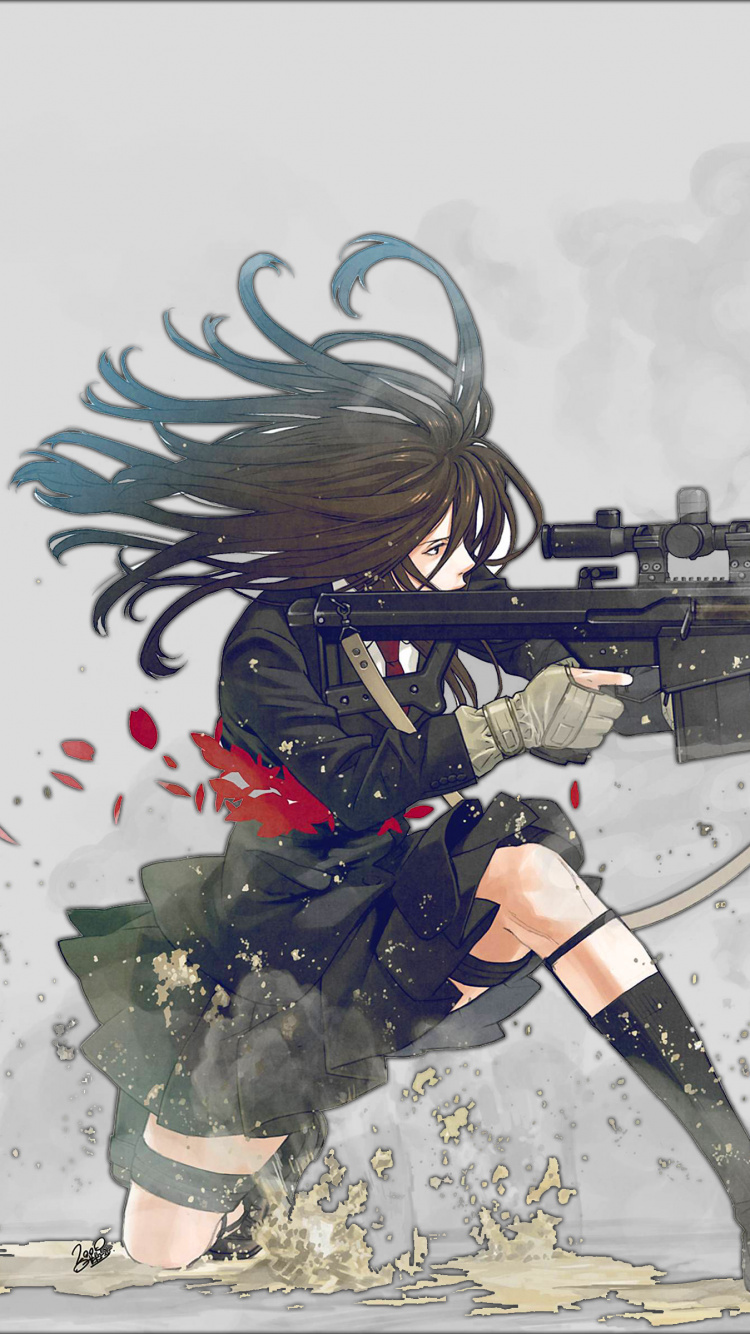 Personaje de Anime Masculino de Pelo Negro Con Rifle. Wallpaper in 750x1334 Resolution