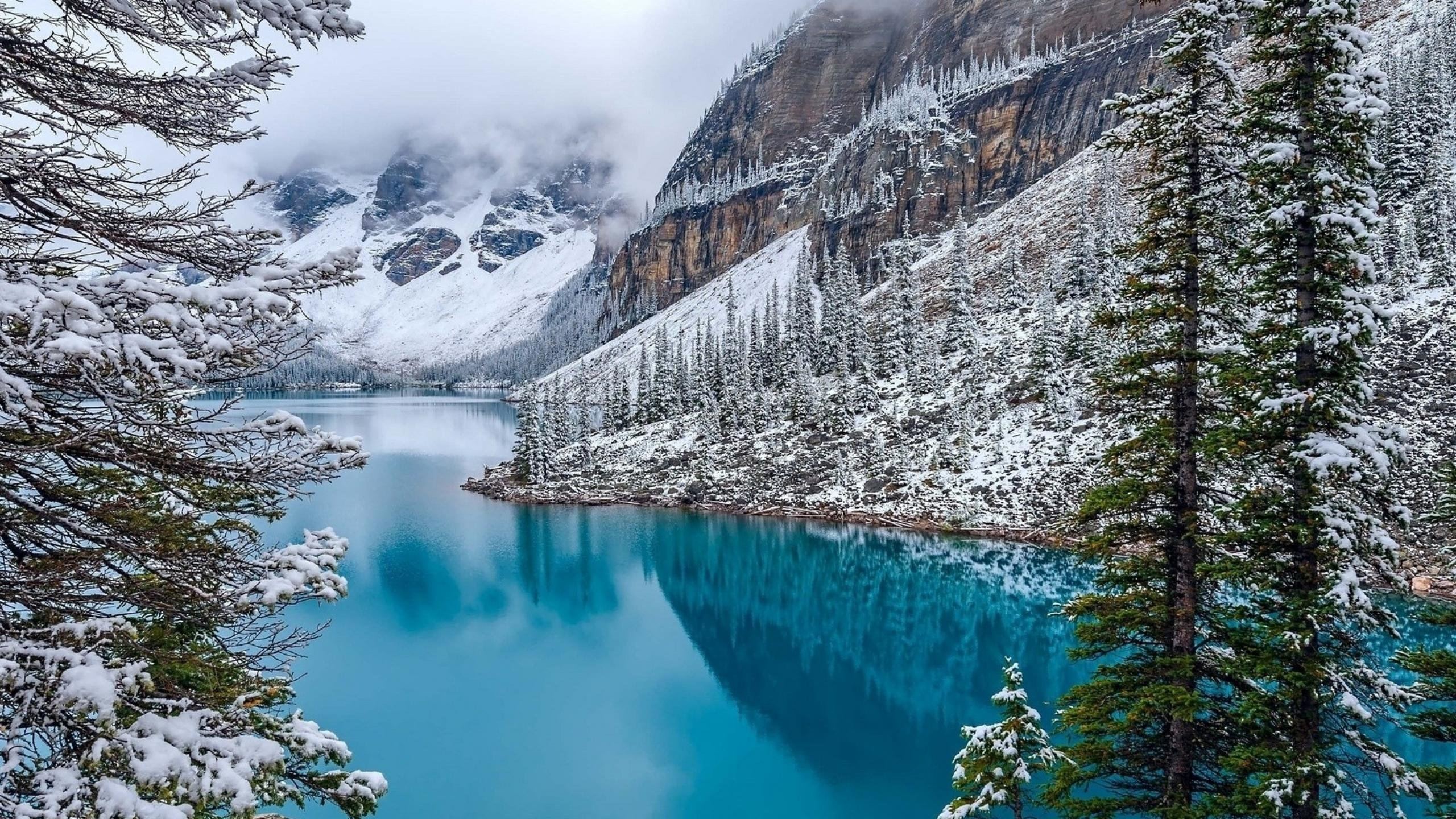 Lake Surrounded by Trees and Snow Covered Mountains. Wallpaper in 2560x1440 Resolution