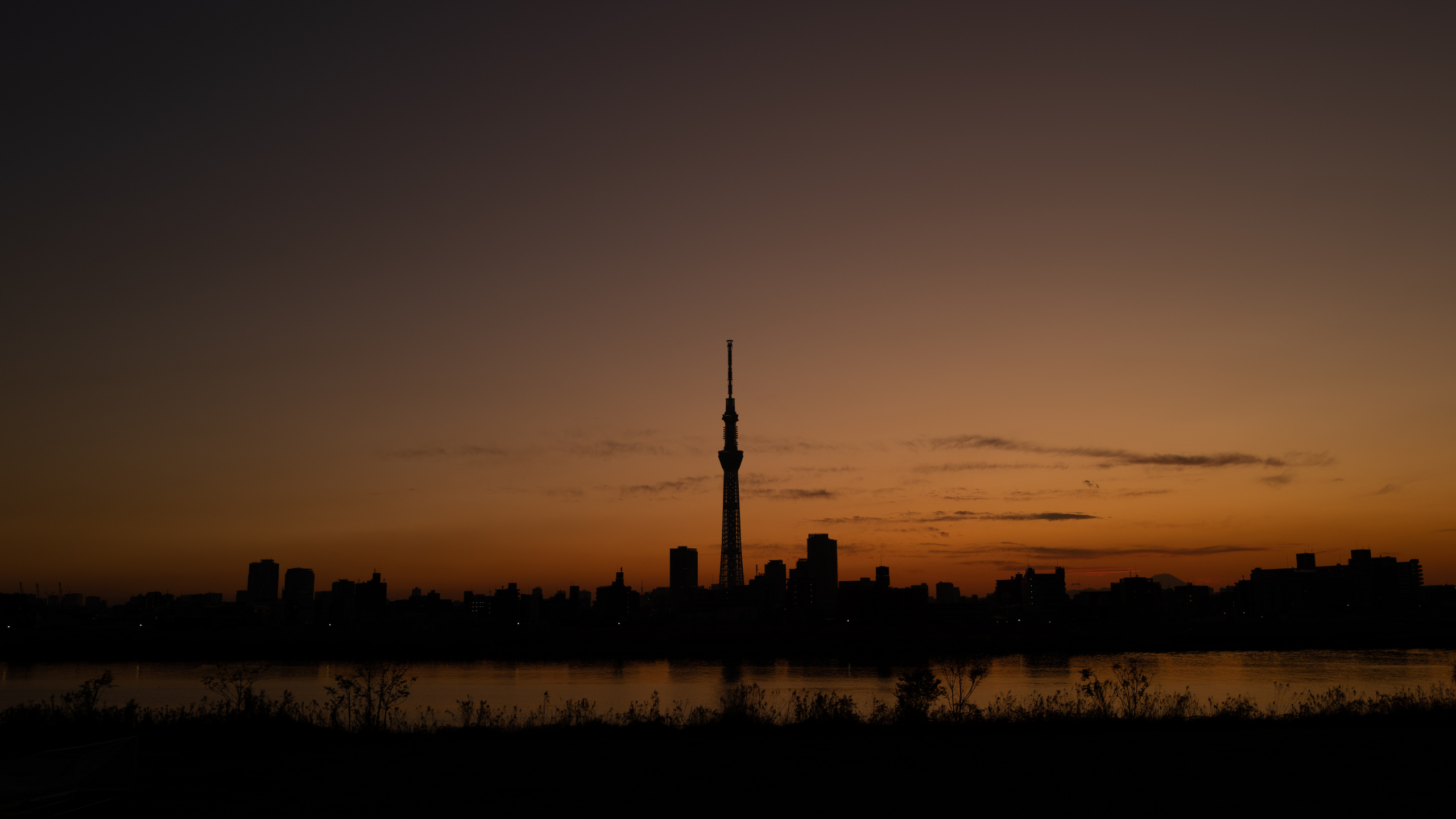 Silhouette Von Stadtgebäuden Bei Sonnenuntergang. Wallpaper in 2560x1440 Resolution