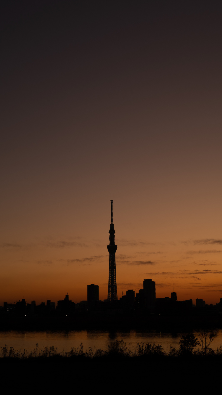 Silhouette Von Stadtgebäuden Bei Sonnenuntergang. Wallpaper in 750x1334 Resolution