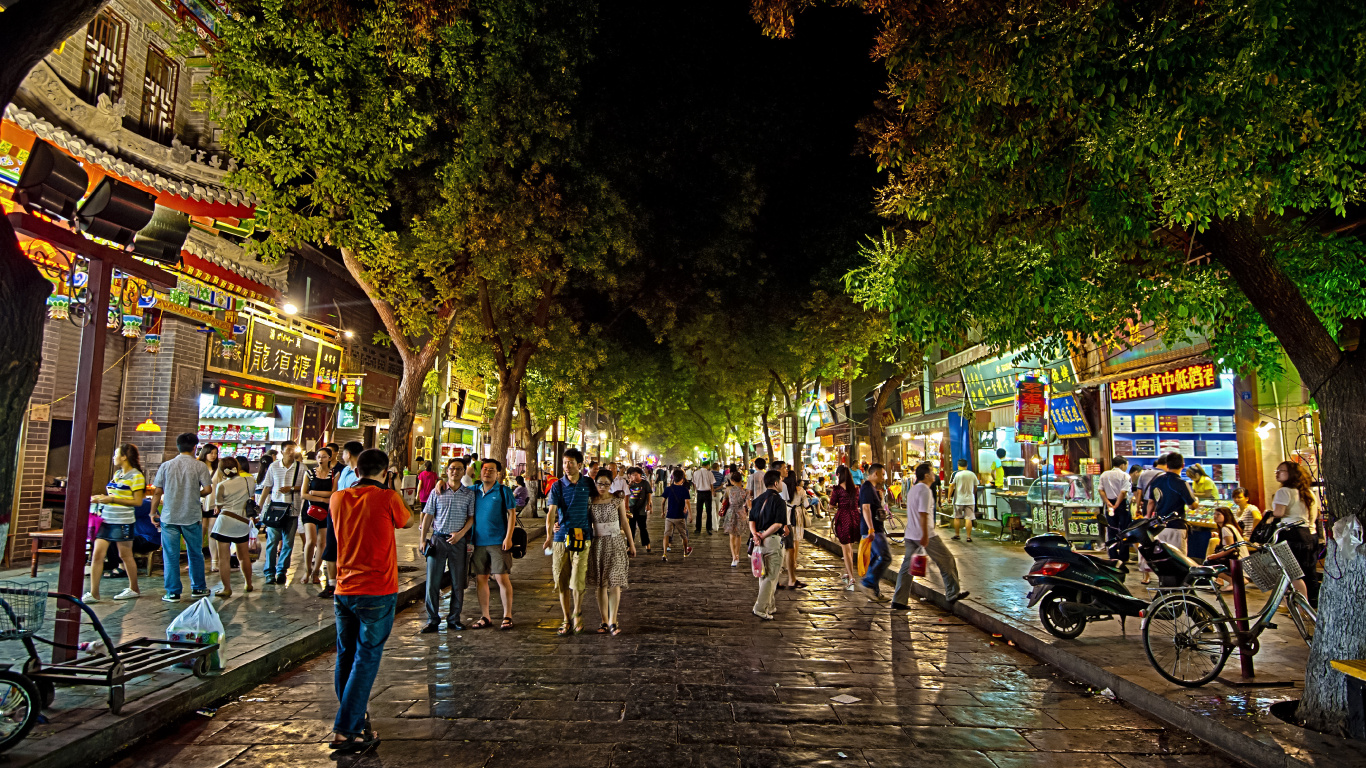 Night, Street, Town, Evening, City. Wallpaper in 1366x768 Resolution