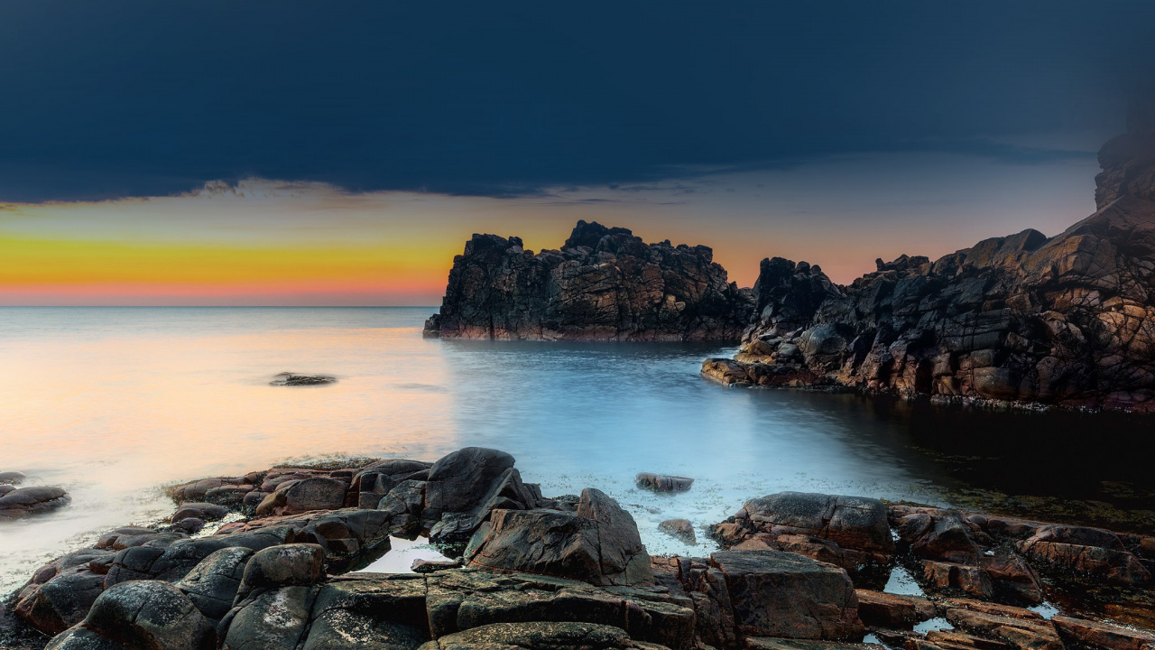 Sea, Sunset, Coast, Body of Water, Nature. Wallpaper in 1280x720 Resolution