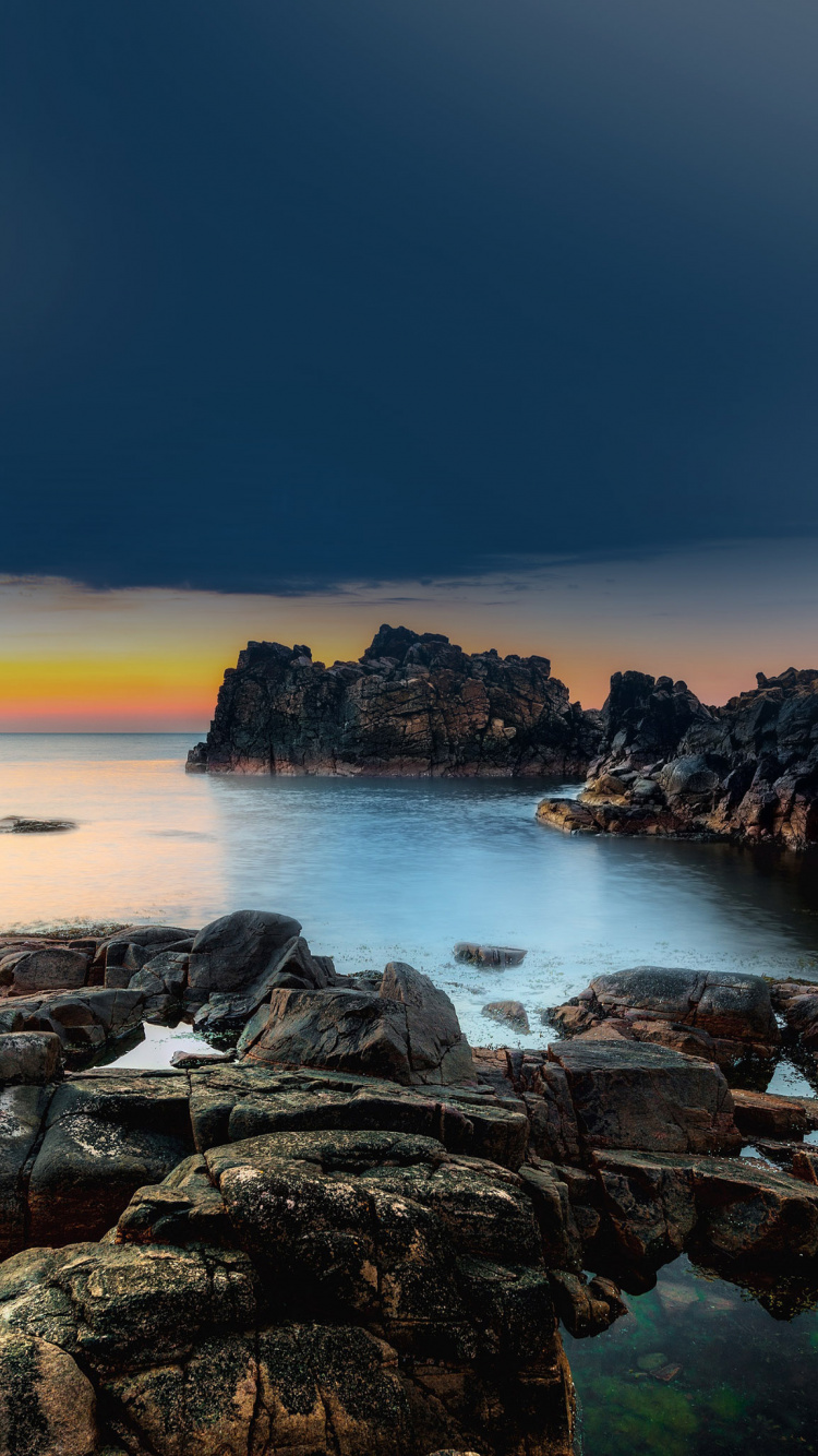 Sea, Sunset, Coast, Body of Water, Nature. Wallpaper in 750x1334 Resolution