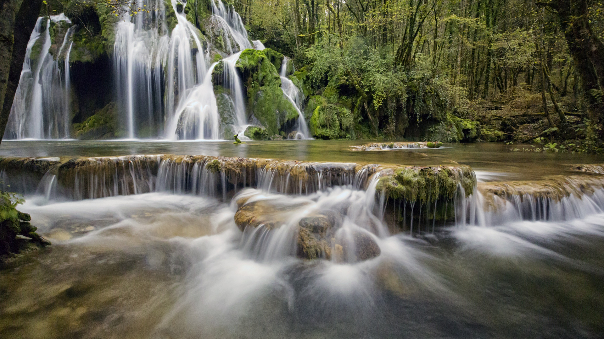 Water Falls in The Middle of Green Trees. Wallpaper in 1920x1080 Resolution