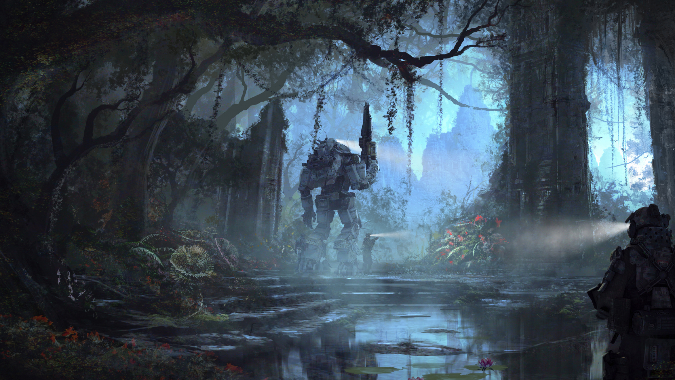 Statue Noire Dans Les Bois. Wallpaper in 2560x1440 Resolution