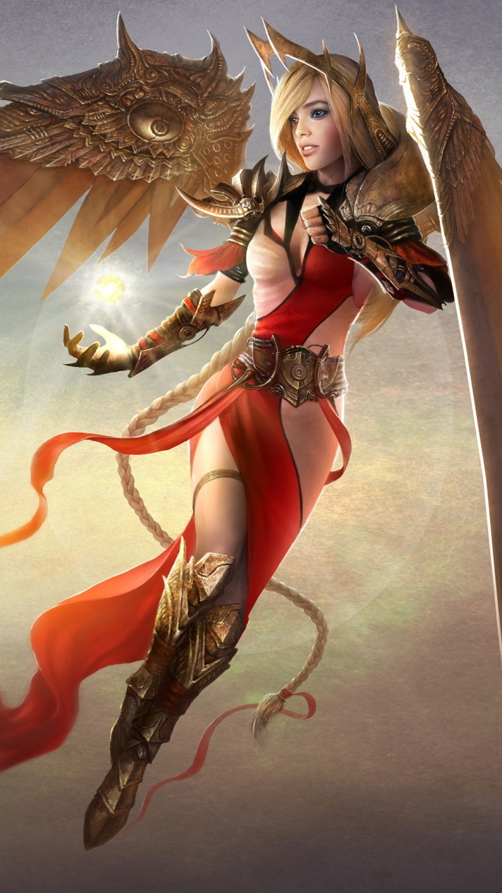 Femme en Robe Rouge Tenant Une Épée Illustration. Wallpaper in 720x1280 Resolution