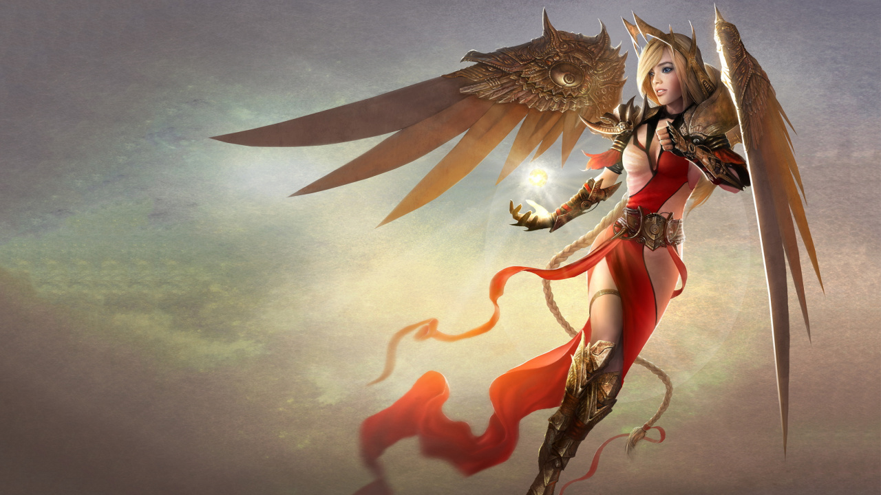Woman in Red Dress Holding a Sword Illustration. Wallpaper in 1280x720 Resolution