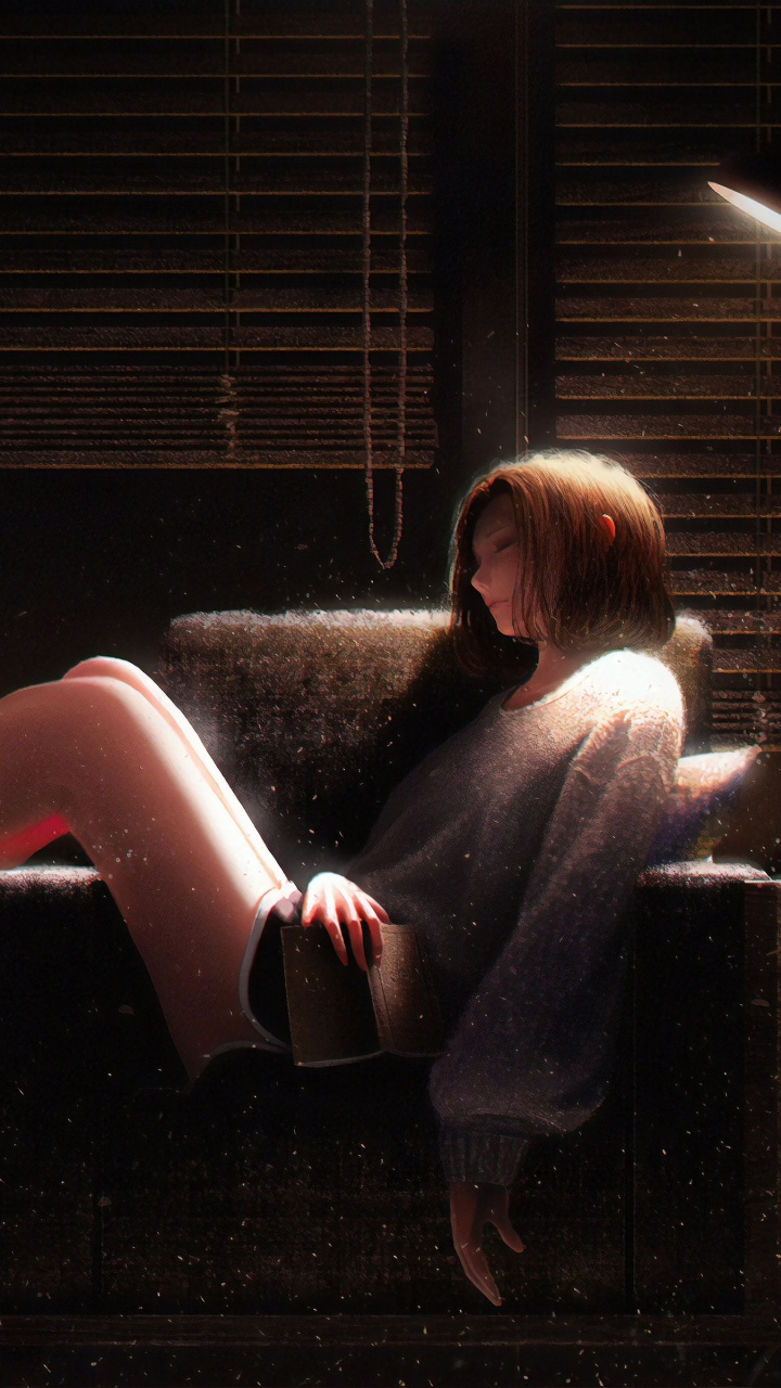 Mujer en Camisa de Manga Larga Gris Sentada en la Ventana. Wallpaper in 720x1280 Resolution