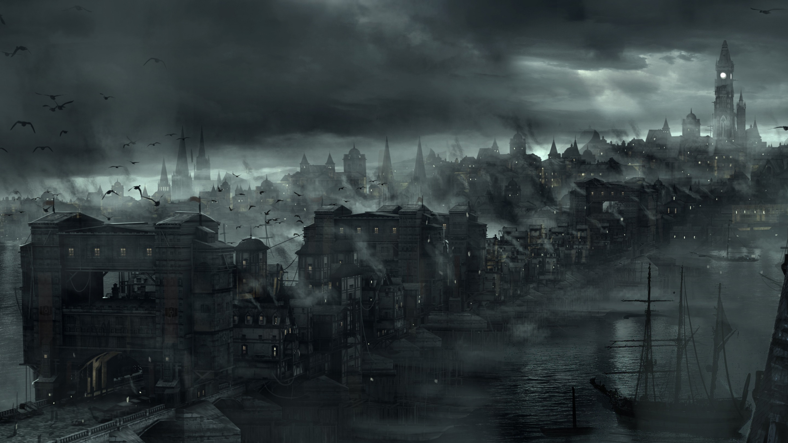 Foto en Escala de Grises de Los Edificios de la Ciudad Bajo el Cielo Nublado. Wallpaper in 2560x1440 Resolution