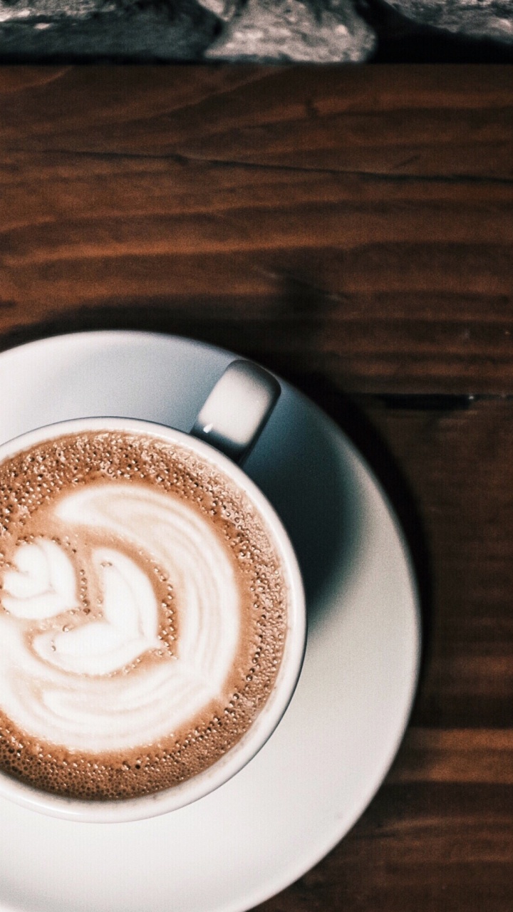 White Ceramic Cup With Cappuccino on Brown Wooden Table. Wallpaper in 720x1280 Resolution