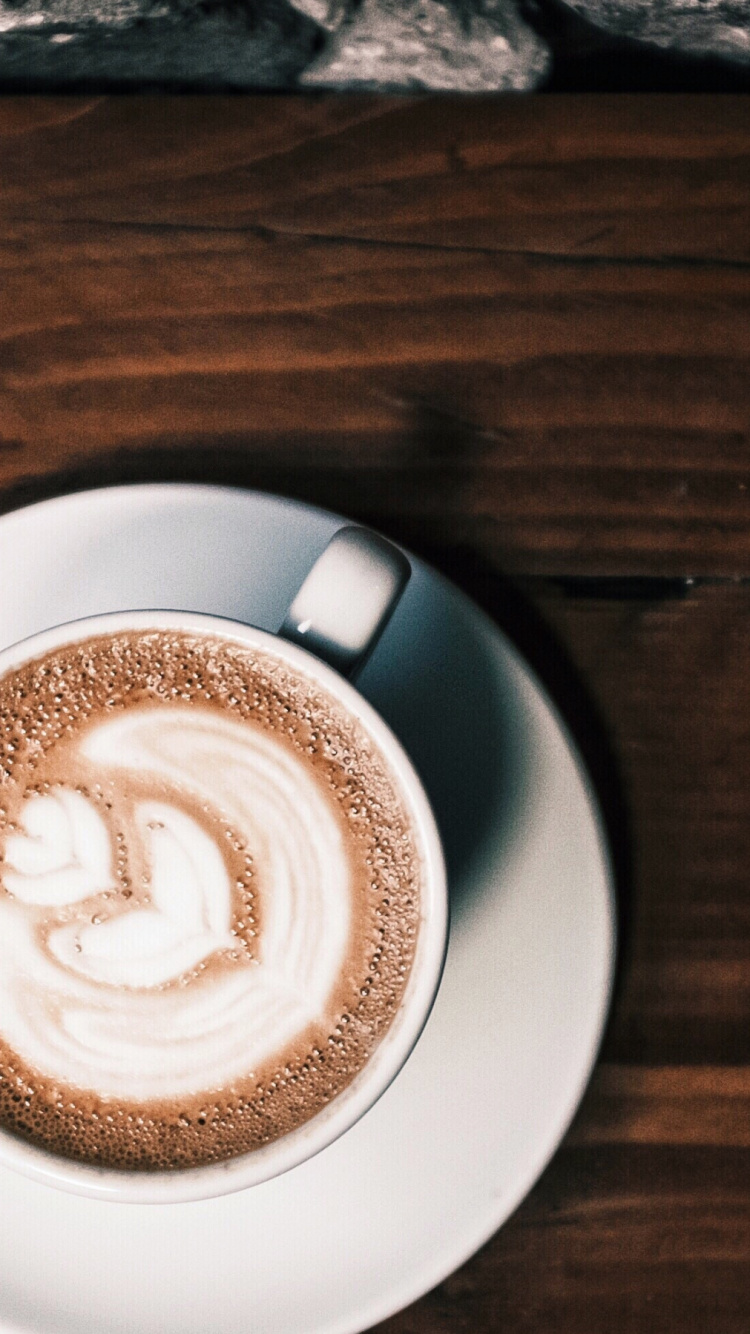 White Ceramic Cup With Cappuccino on Brown Wooden Table. Wallpaper in 750x1334 Resolution