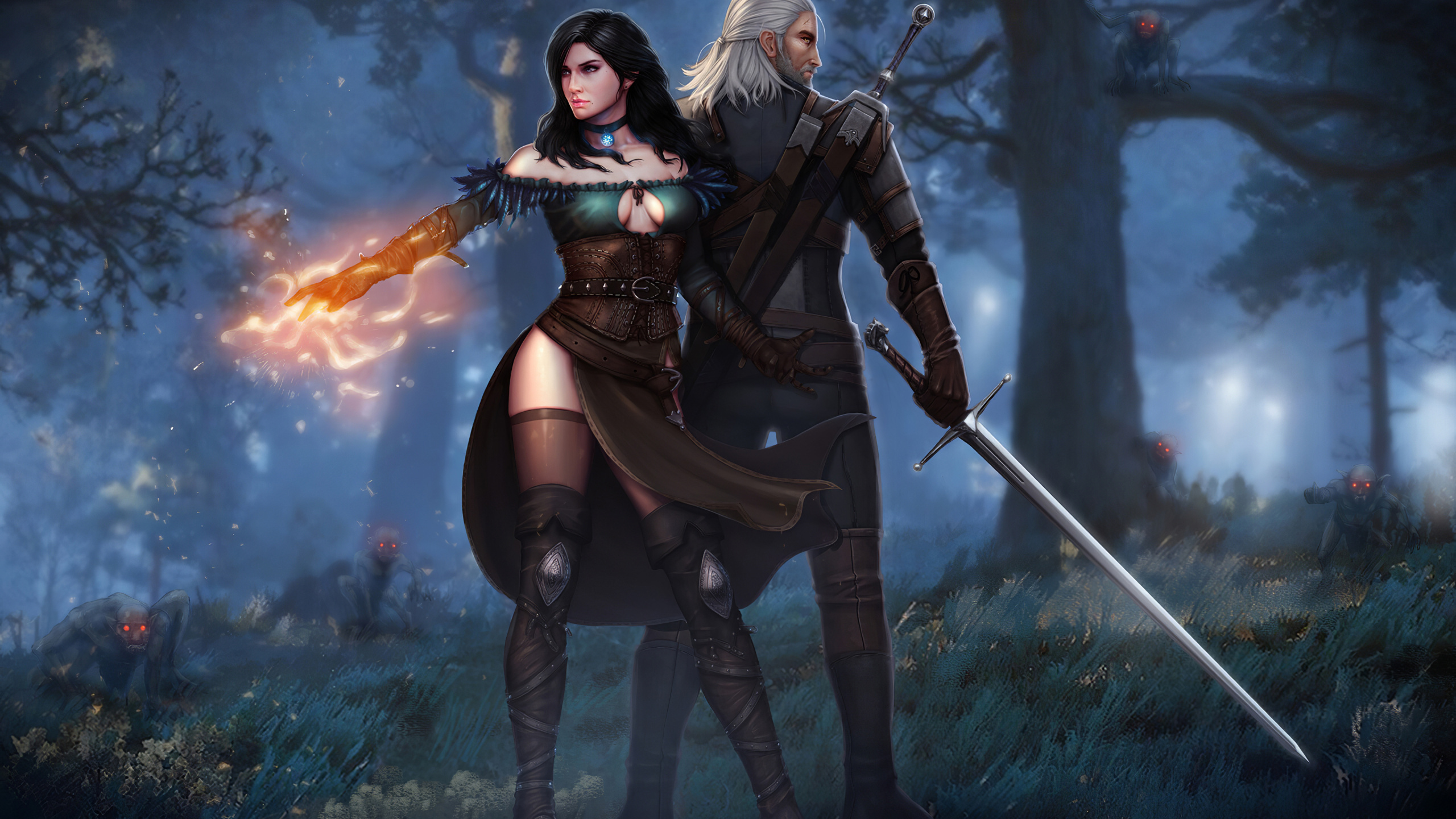 巫师3野生猎, 杰洛特利维亚, Ciri, Yennefer, 人们在自然界 壁纸 2560x1440 允许