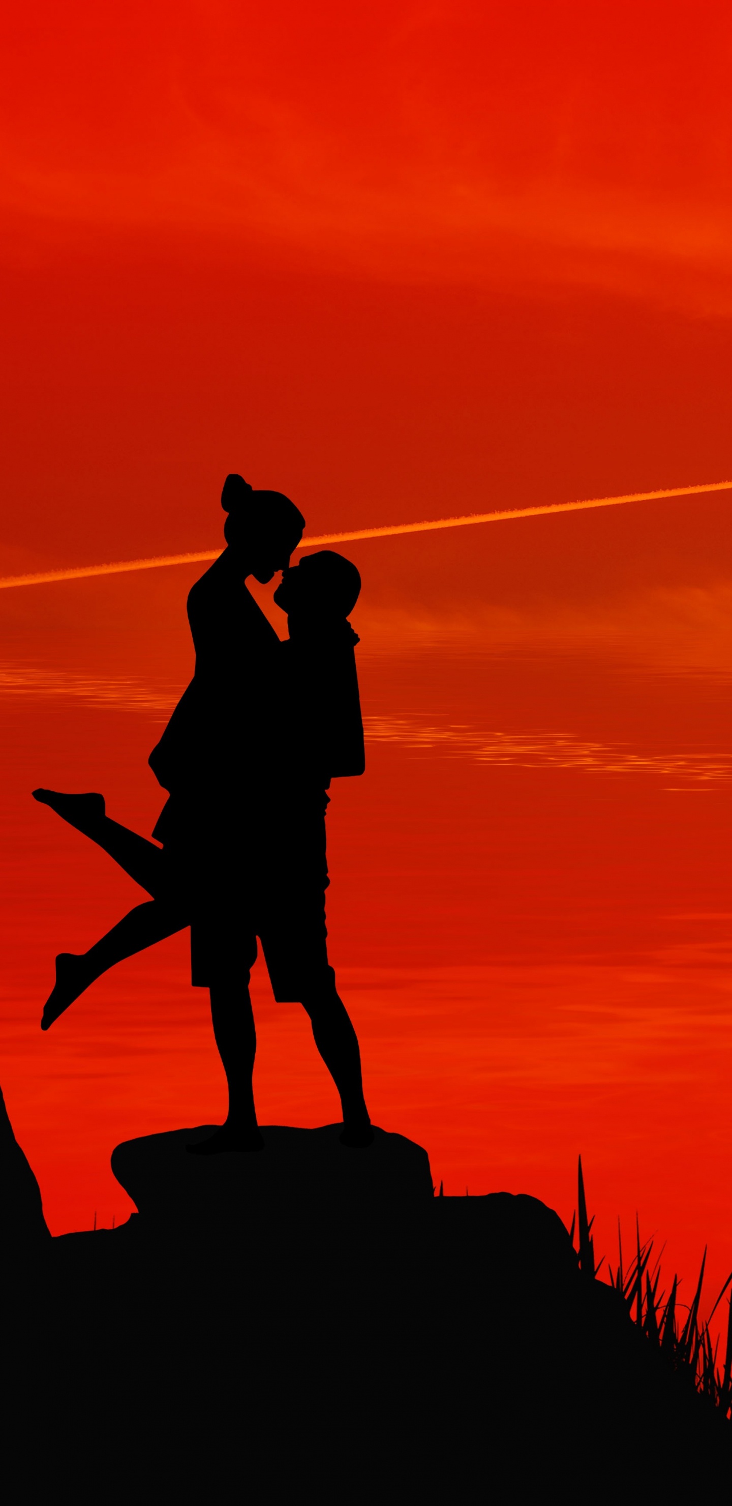 Silhouette, Sunset, Passion, People in Nature, Red. Wallpaper in 1440x2960 Resolution