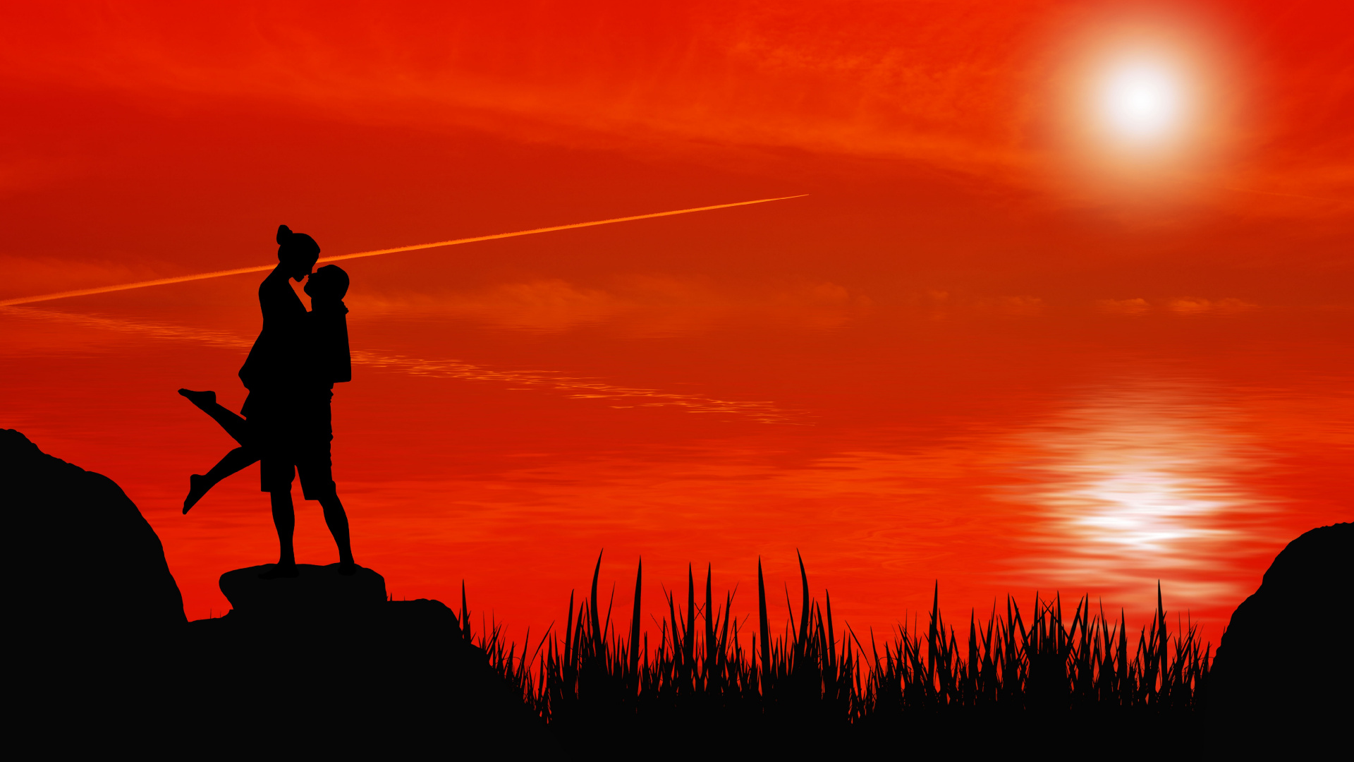 Silhouette, Sunset, Passion, People in Nature, Red. Wallpaper in 1920x1080 Resolution
