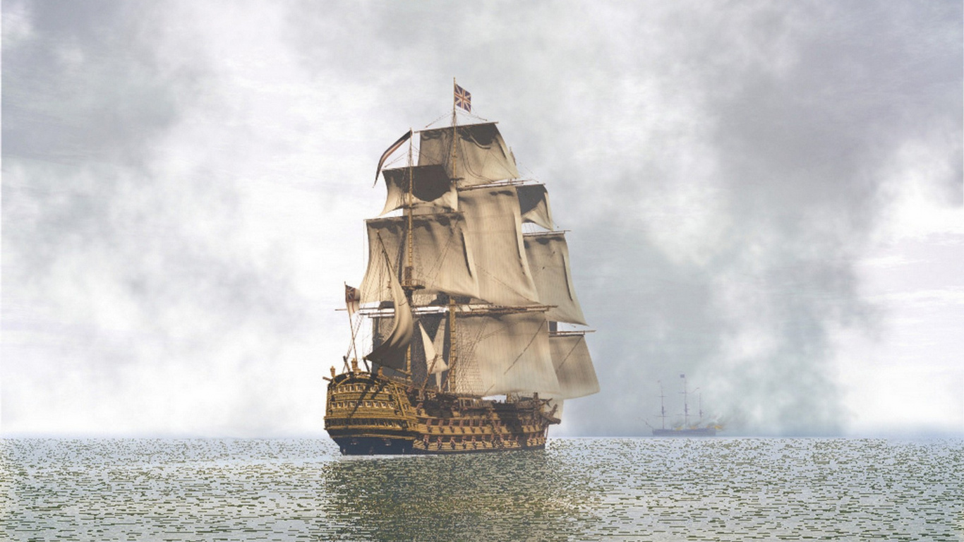 Galeón Marrón en el Mar Bajo Nubes Blancas Durante el Día. Wallpaper in 1366x768 Resolution