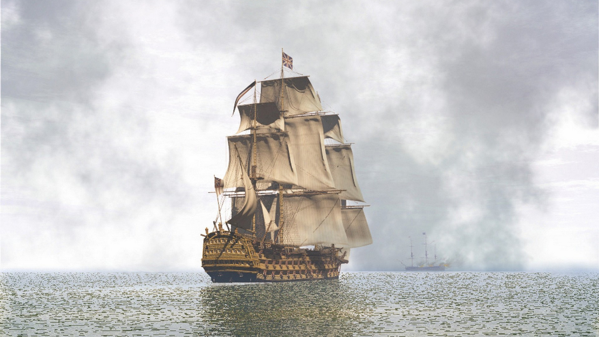 Navire Galion Brun Sur Mer Sous Des Nuages Blancs Pendant la Journée. Wallpaper in 1920x1080 Resolution