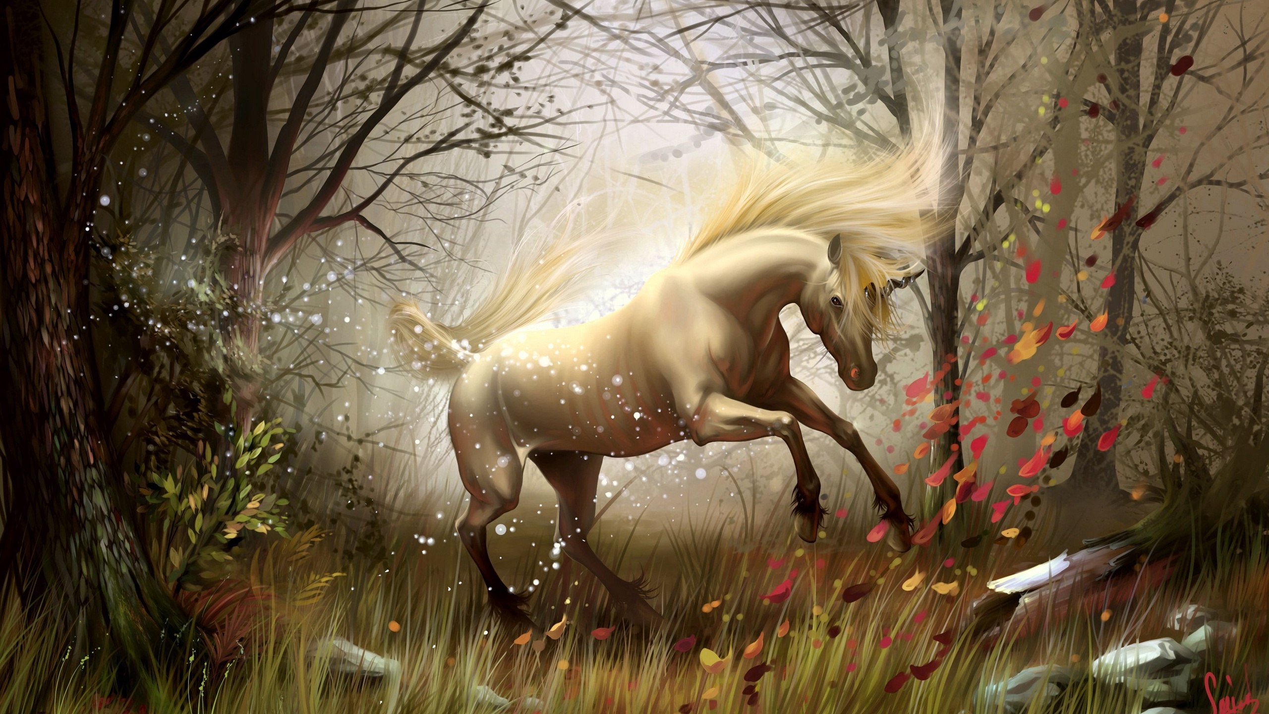 White Horse Running on Green Grass Field During Daytime. Wallpaper in 2560x1440 Resolution