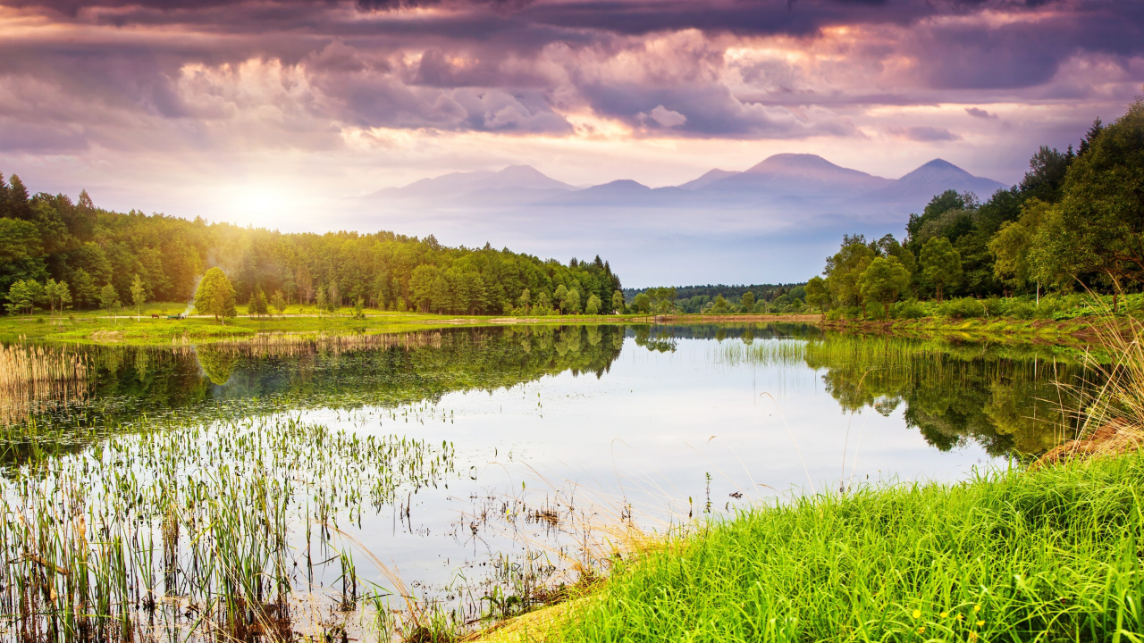 Green Grass Field Near Lake Under Cloudy Sky During Daytime. Wallpaper in 1280x720 Resolution