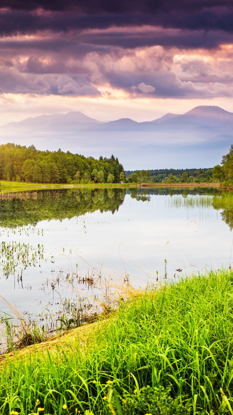 Green Grass Field Near Lake Under Cloudy Sky During Daytime. Wallpaper in 750x1334 Resolution