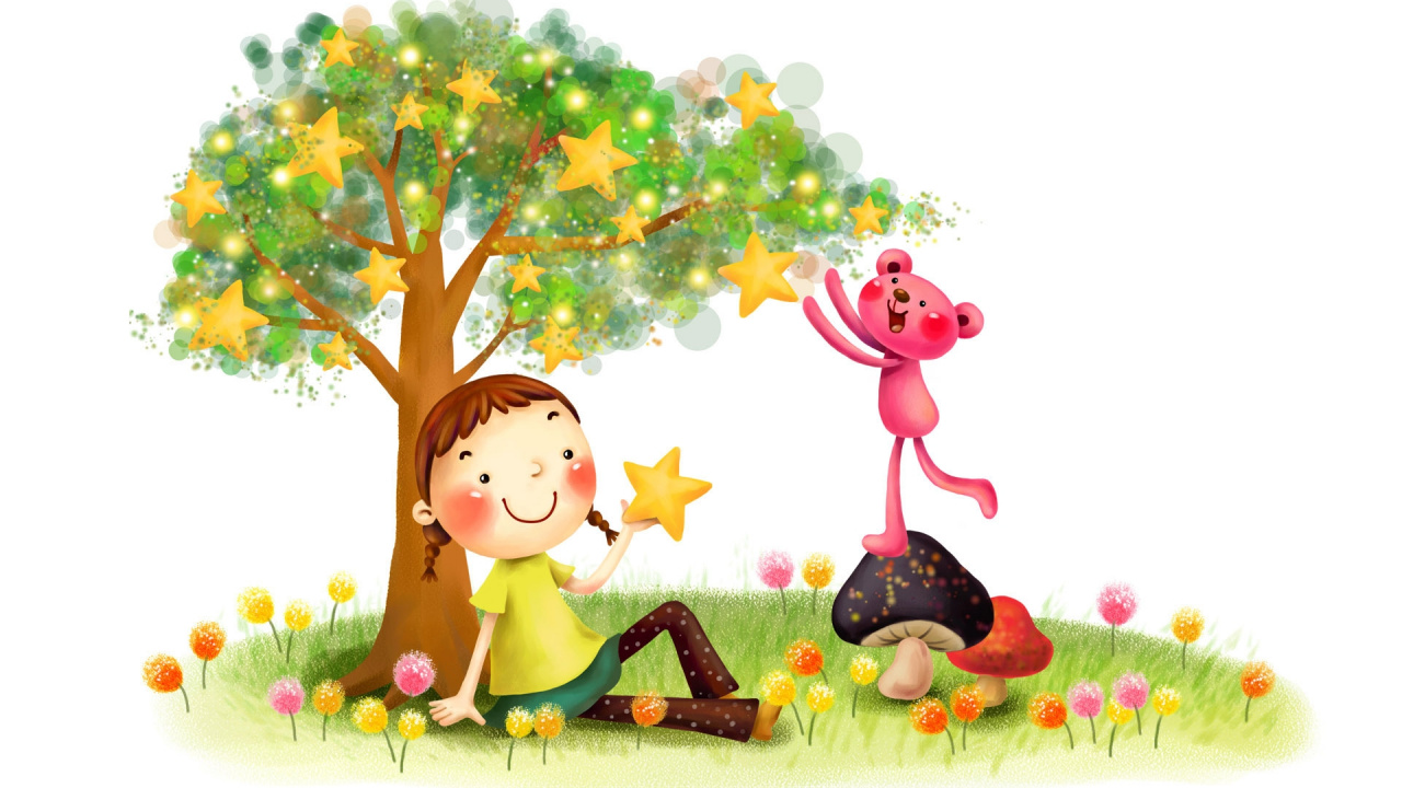 Niña en Vestido Negro Sosteniendo Globos Ilustración. Wallpaper in 1280x720 Resolution