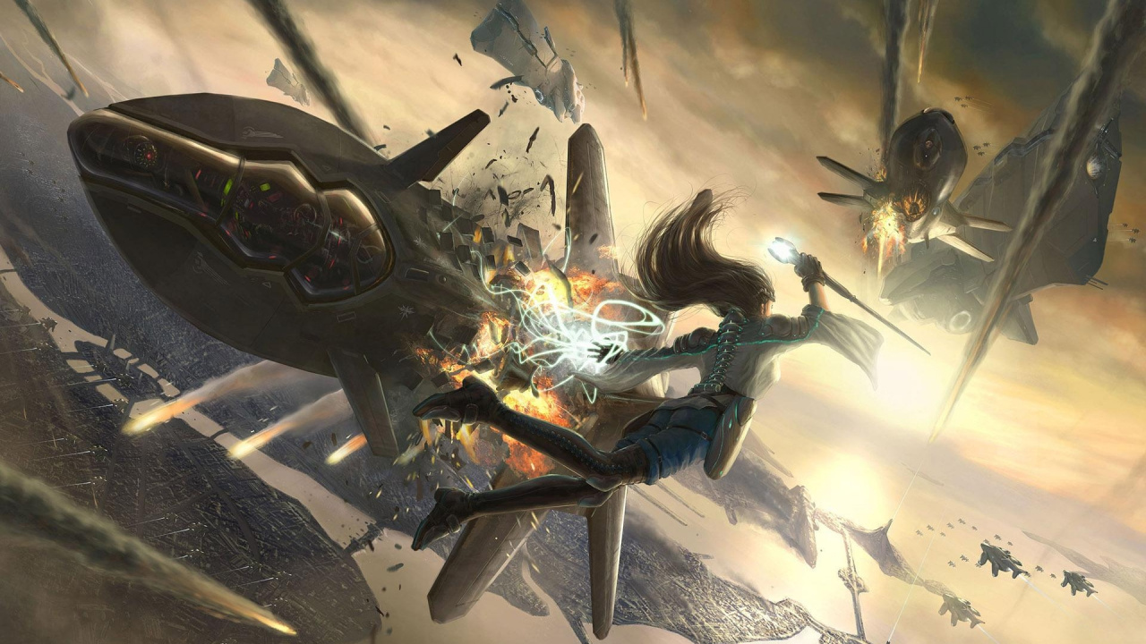 Frau im Blauen Kleid Mit Schwarzem Und Weißem Schwert. Wallpaper in 1280x720 Resolution