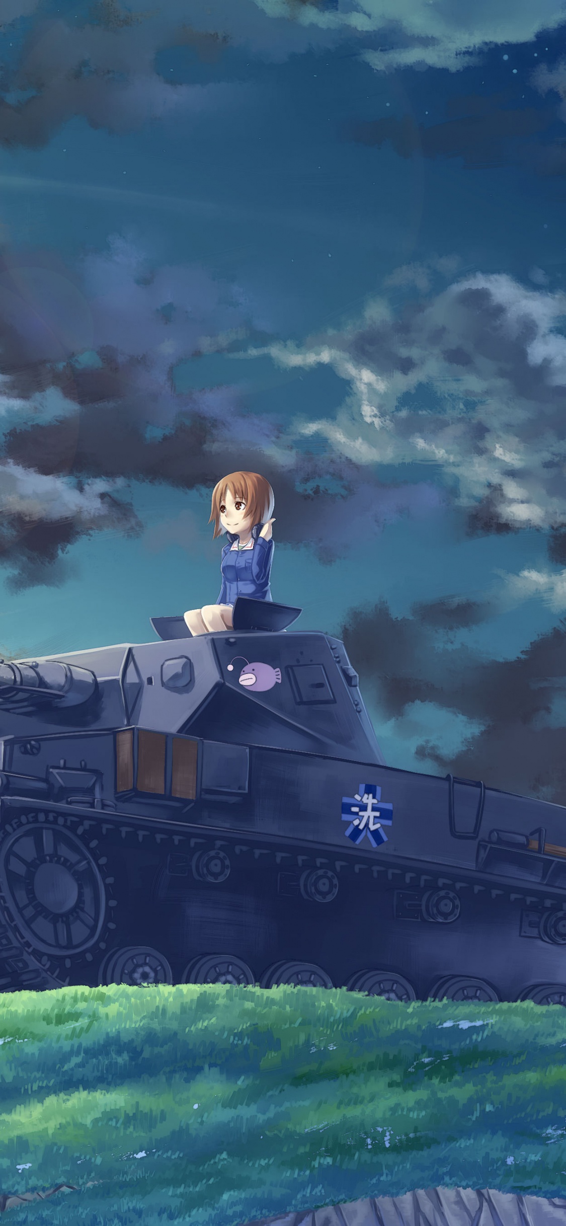 Man in Black Jacket Sitting on Battle Tank Under White Clouds and Blue Sky During Daytime. Wallpaper in 1125x2436 Resolution
