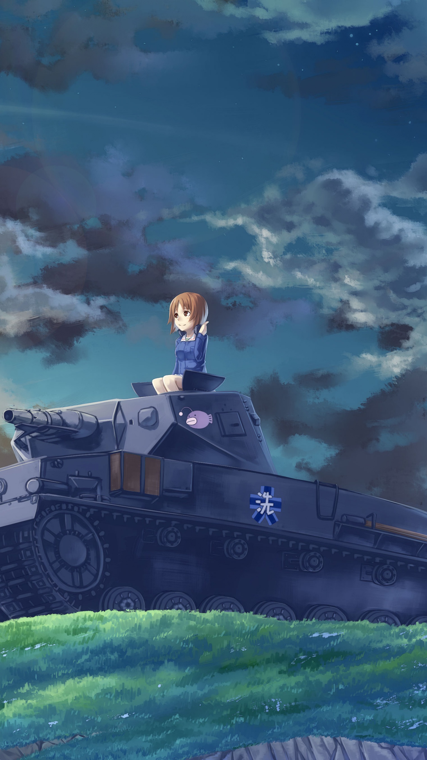 Man in Black Jacket Sitting on Battle Tank Under White Clouds and Blue Sky During Daytime. Wallpaper in 1440x2560 Resolution