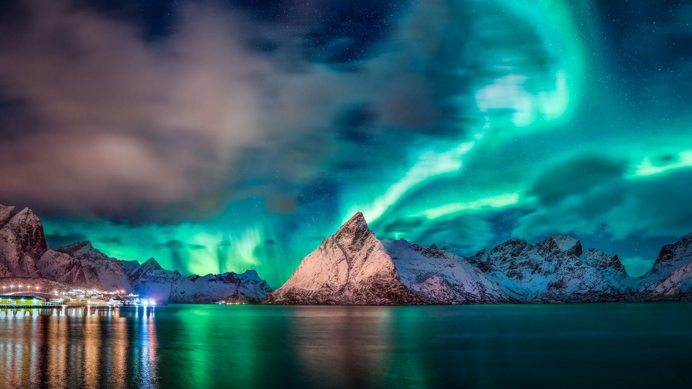 Aurora, Nature, Sea, Reflection, Cloud. Wallpaper in 1366x768 Resolution