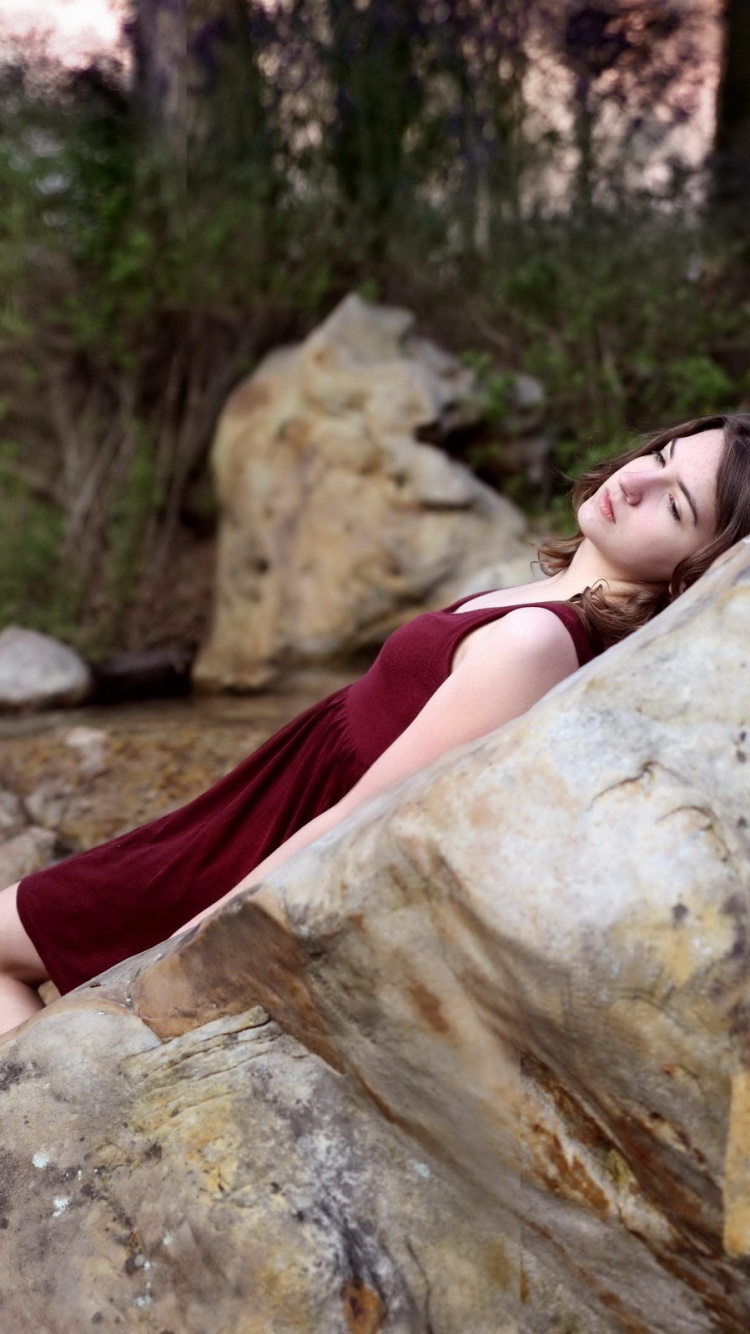 Rock, Boulder, Tree, Girl, Watercourse. Wallpaper in 750x1334 Resolution