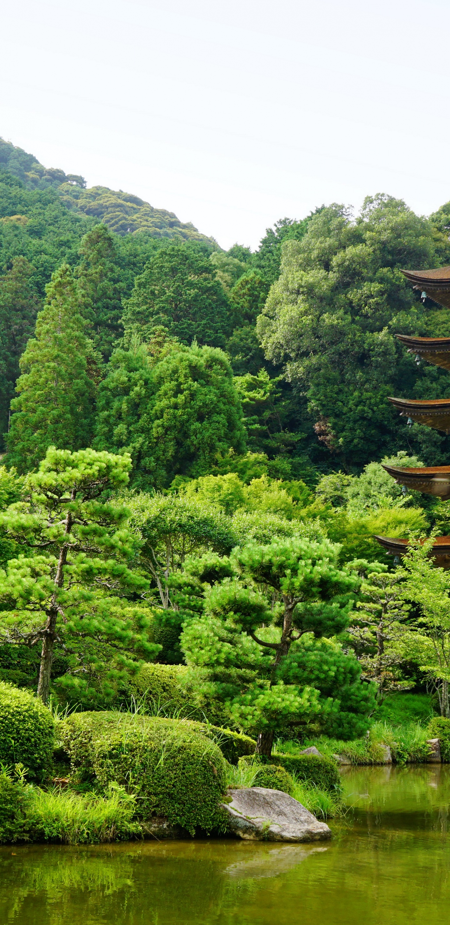 Brown Temple Near Green Trees and Lake During Daytime. Wallpaper in 1440x2960 Resolution