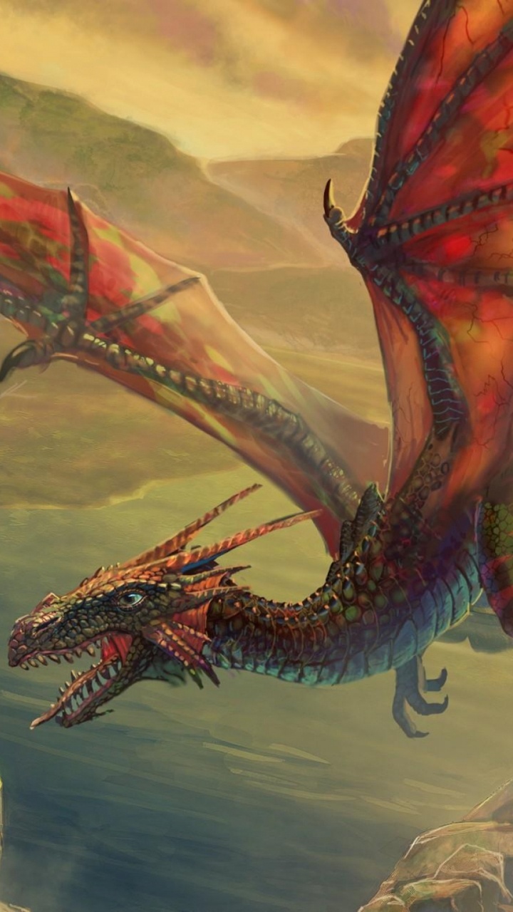 Dragon Rouge et Brun Sur la Roche Blanche. Wallpaper in 720x1280 Resolution