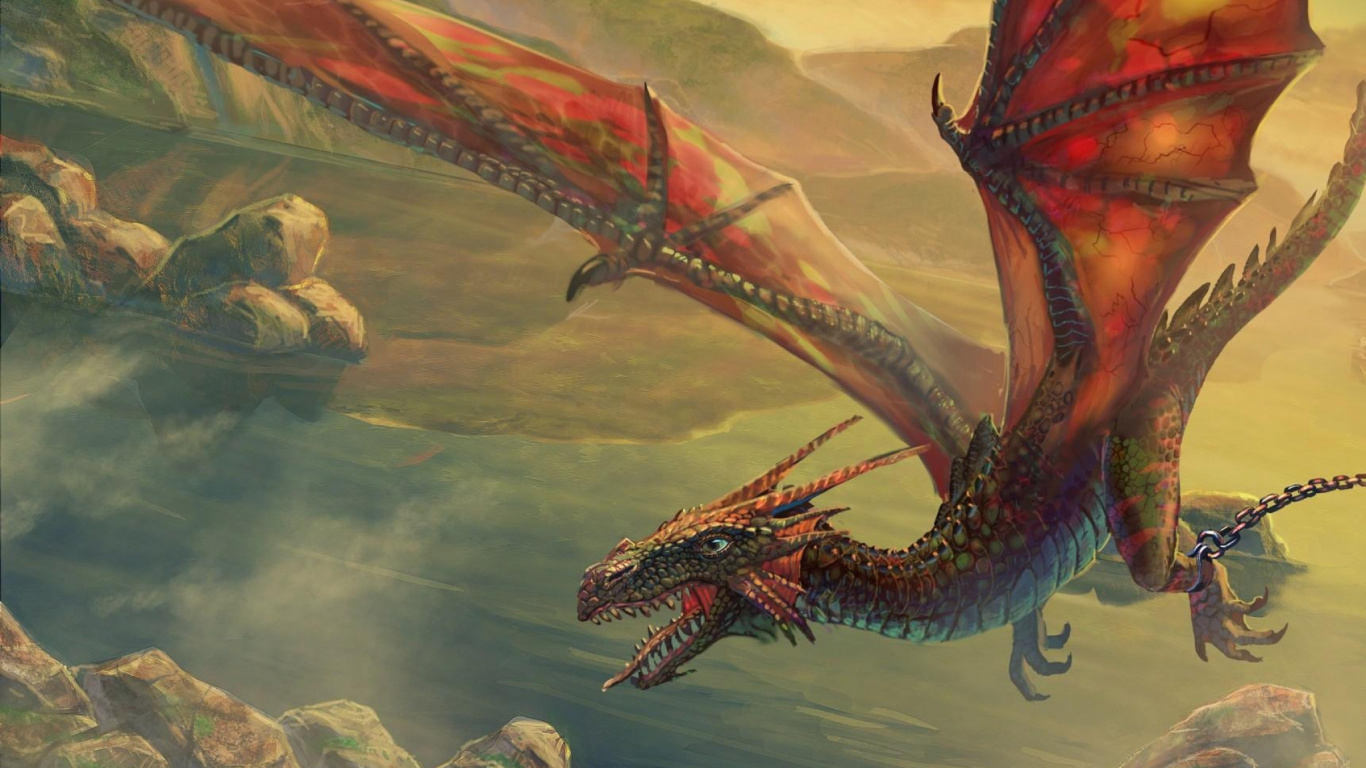 Roter Und Brauner Drache Auf Weißem Felsen. Wallpaper in 1366x768 Resolution