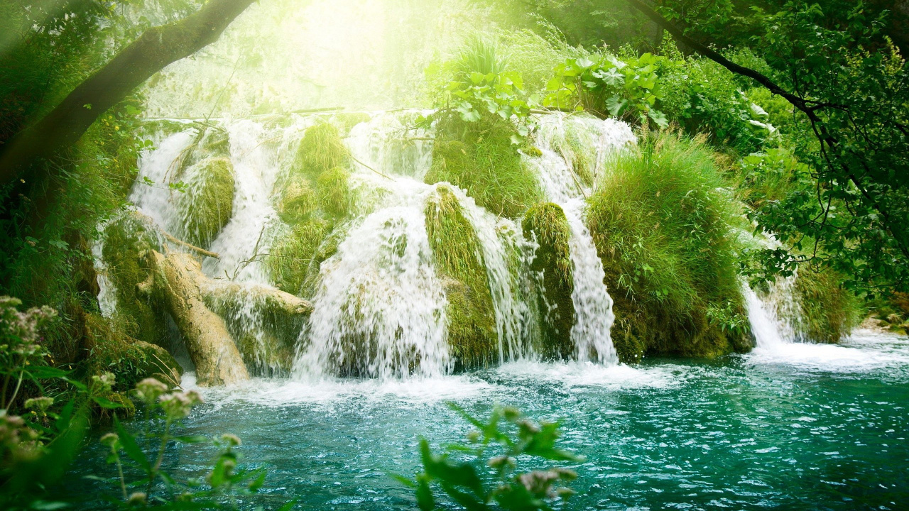 Waterfalls in Green Moss Covered Rocks. Wallpaper in 1280x720 Resolution