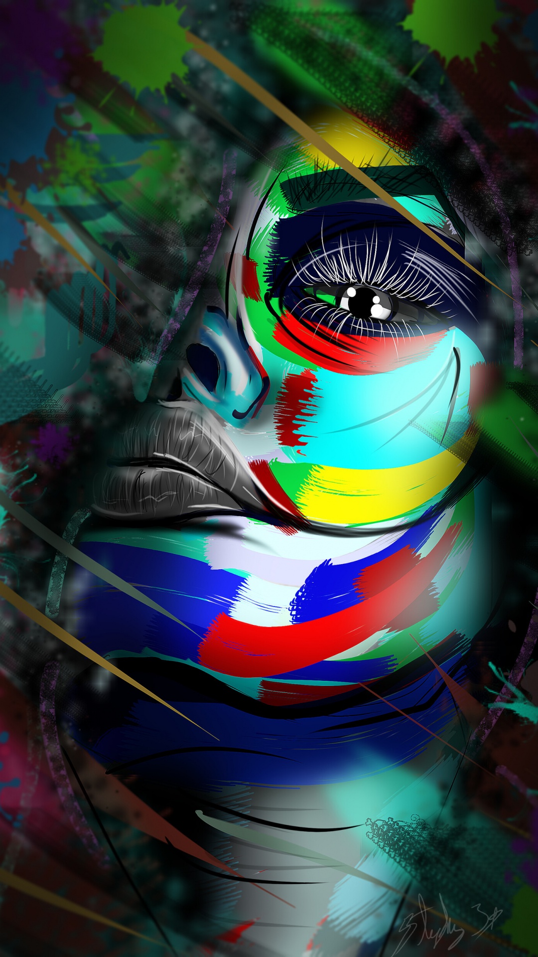 Black White Red Yellow and Green Abstract Painting. Wallpaper in 1080x1920 Resolution