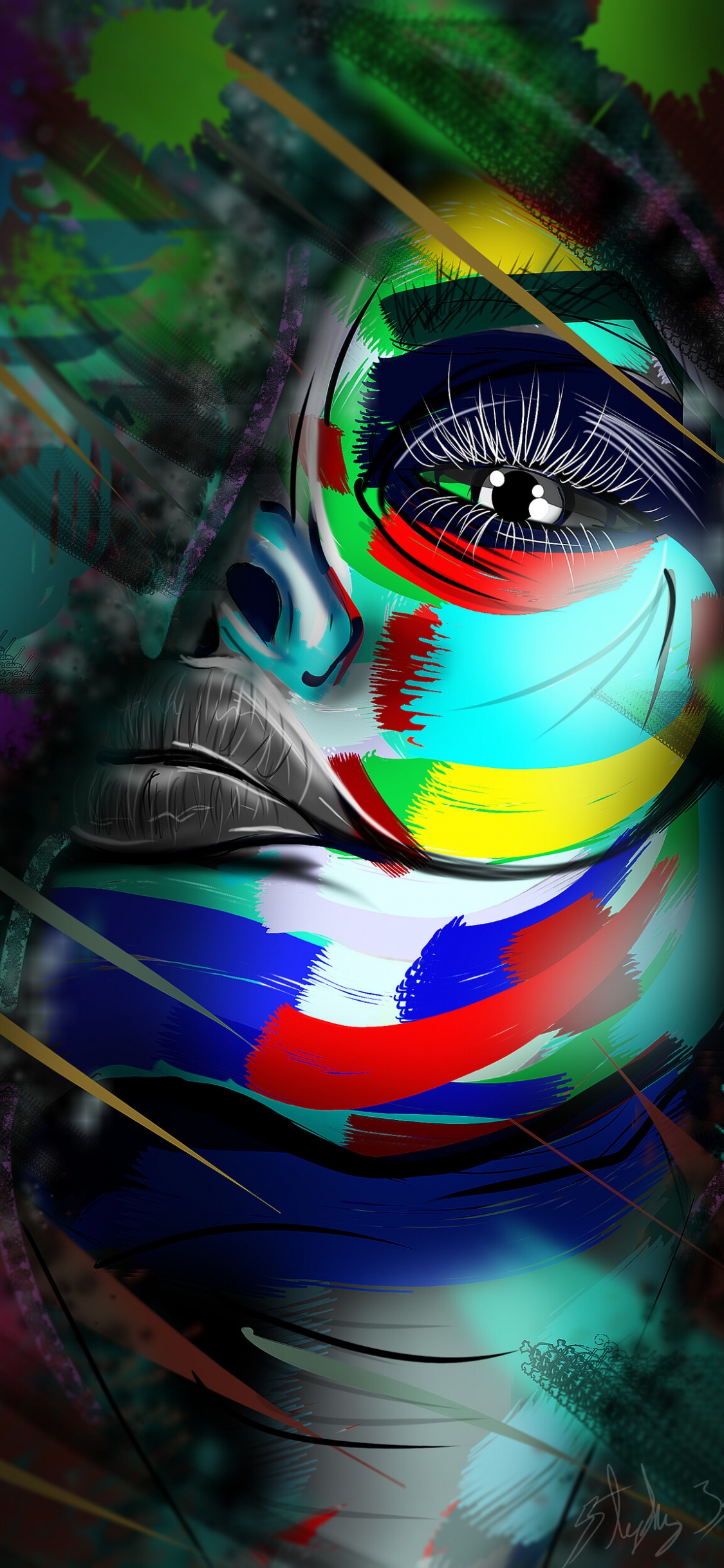 Peinture Abstraite Noir Blanc Rouge Jaune et Vert. Wallpaper in 1125x2436 Resolution