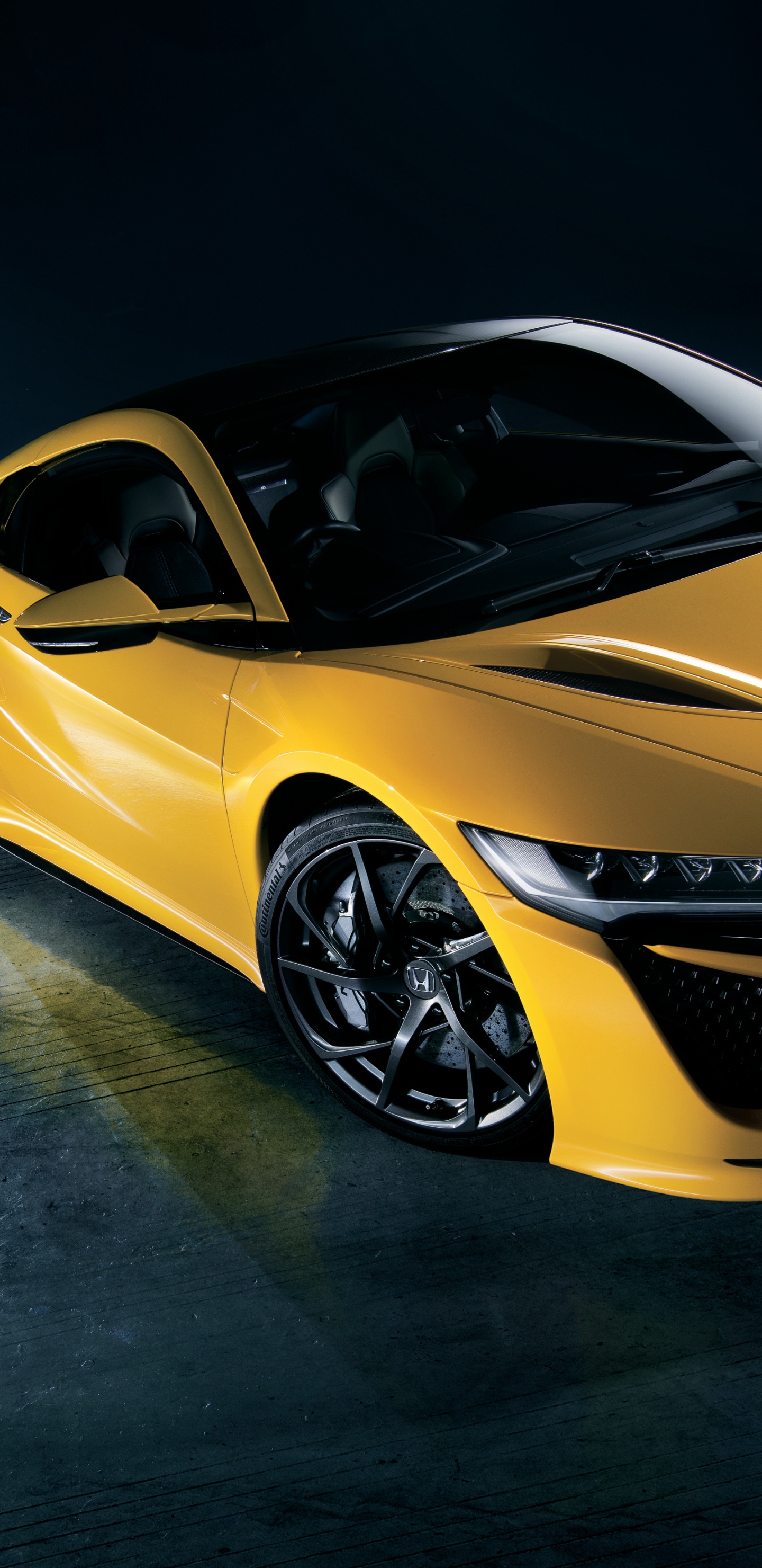 Yellow Ferrari 458 Italia Parked on Black Floor. Wallpaper in 1440x2960 Resolution