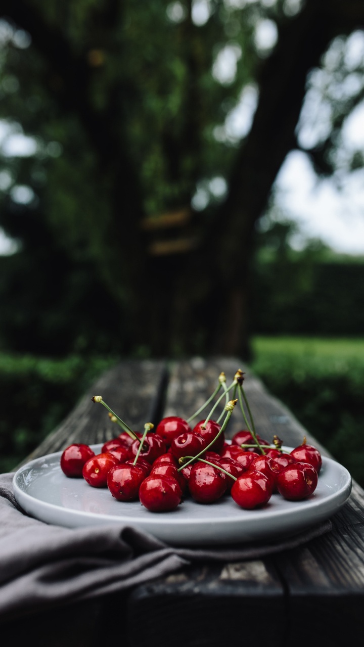 Cerises Rouges Sur Plaque en Céramique Blanche. Wallpaper in 720x1280 Resolution