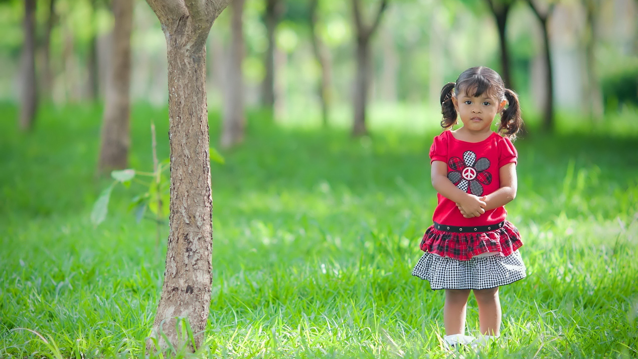 Chica en Vestido Rojo de Pie Junto al Árbol. Wallpaper in 1280x720 Resolution