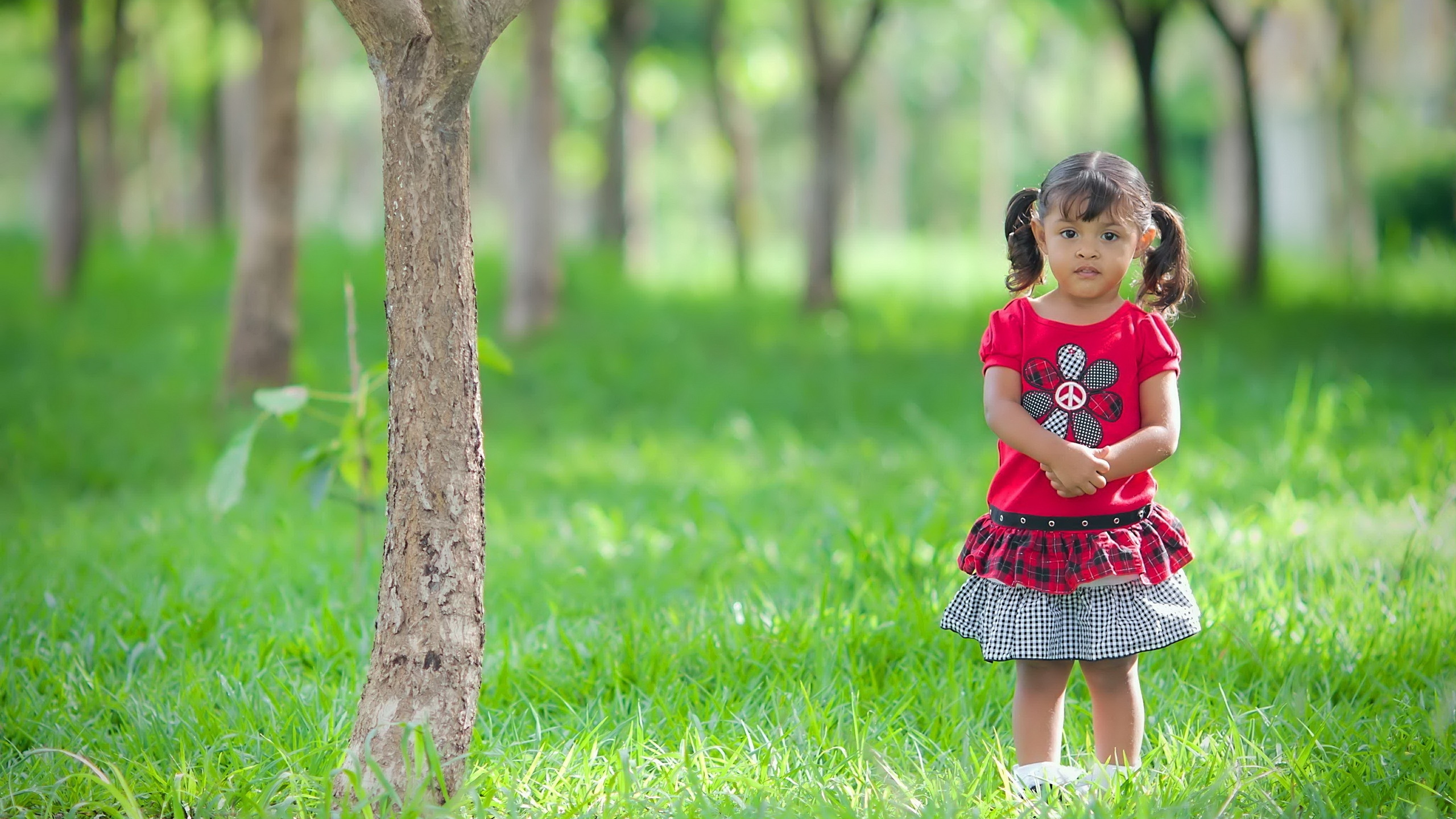 Fille en Robe Rouge Debout à Côté de L'arbre. Wallpaper in 2560x1440 Resolution