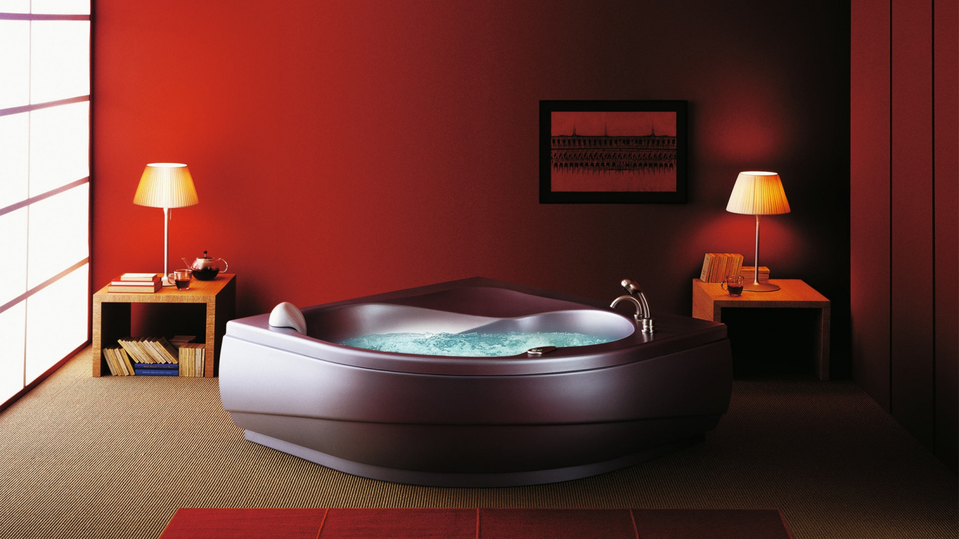 Weiße Badewanne Mit Weißer Tischlampe. Wallpaper in 1366x768 Resolution