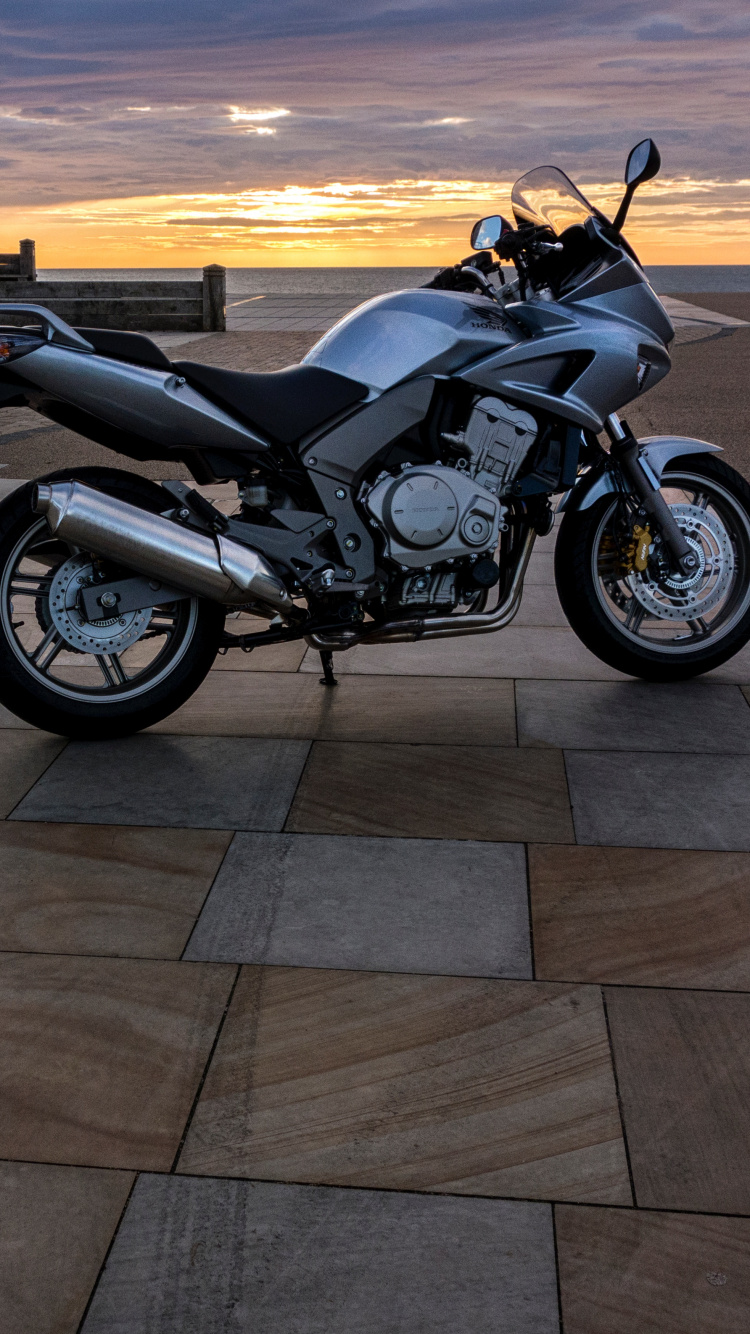 Motocicleta Cruiser Negra y Plateada en Carretera de Hormigón Gris Durante la Puesta de Sol. Wallpaper in 750x1334 Resolution