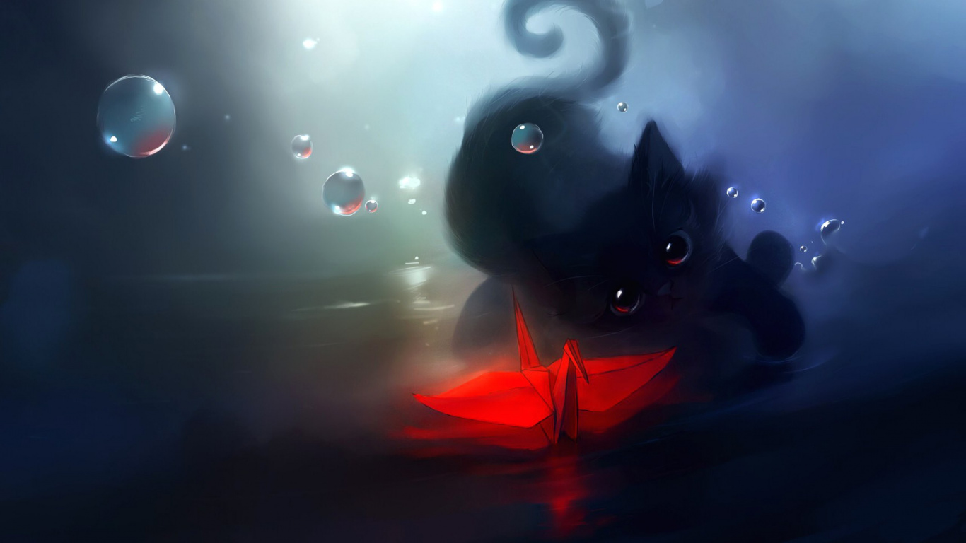 Chat Noir Avec Ruban Rouge. Wallpaper in 1366x768 Resolution