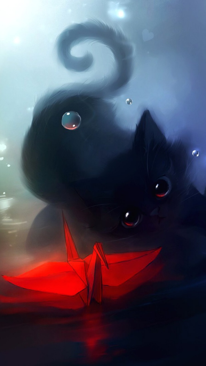 Chat Noir Avec Ruban Rouge. Wallpaper in 720x1280 Resolution