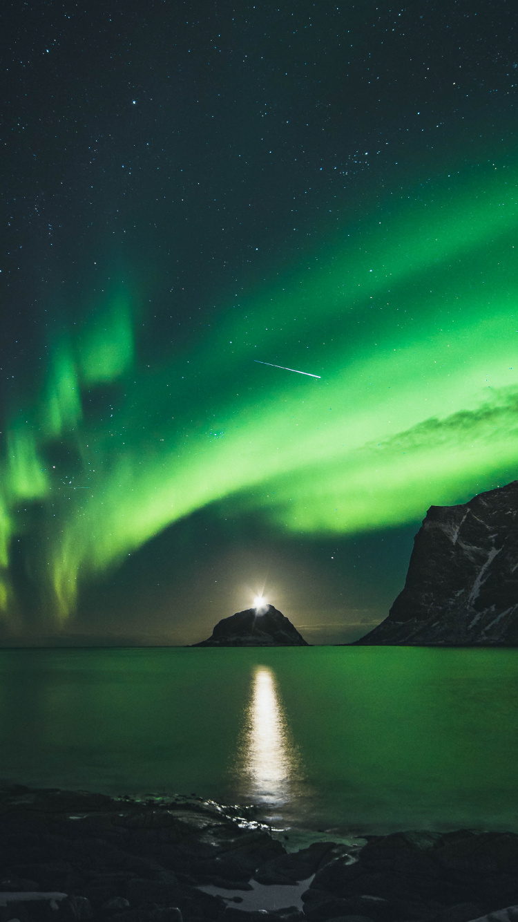 Aurora, Lofoten, Natur, Gr, Naturlandschaft. Wallpaper in 750x1334 Resolution