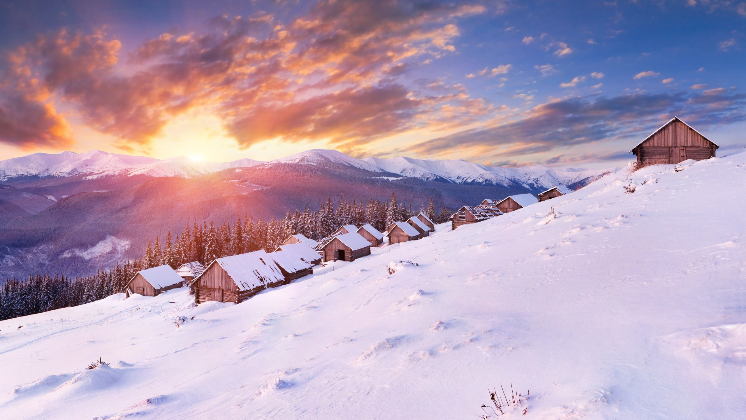 山脉, 冬天, 阿尔卑斯山, 冻结, 农舍 壁纸 2560x1440 允许