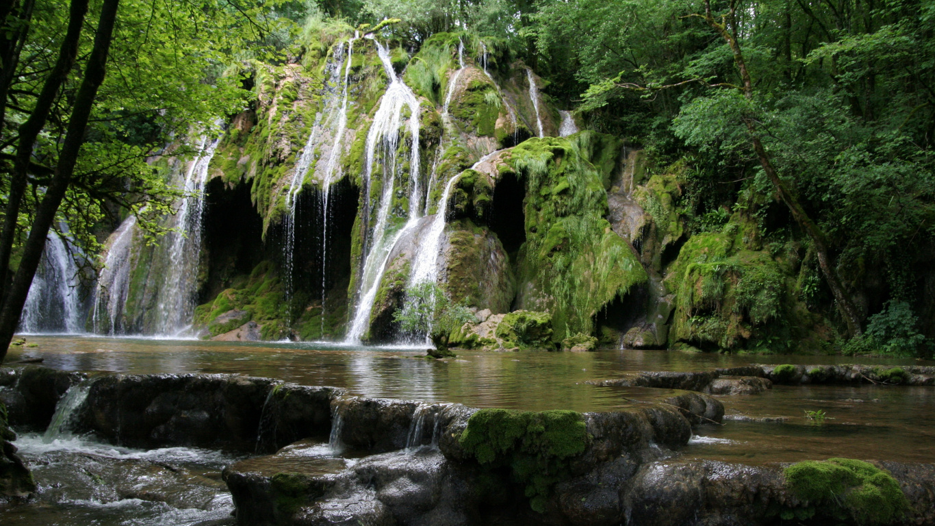 L'eau Tombe au Milieu de la Forêt. Wallpaper in 1366x768 Resolution