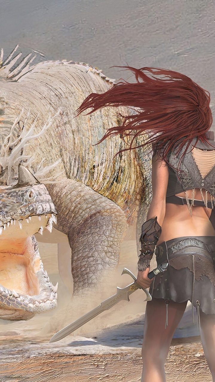 Mädchen Gegen Drachen, Malerei, Dragon, Kitz, Kunst. Wallpaper in 720x1280 Resolution